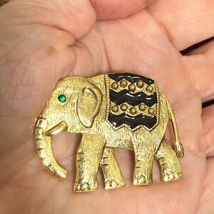 Steinmetz SFJ Signed Gold Tone Elephant Brooch with Black Enamel.